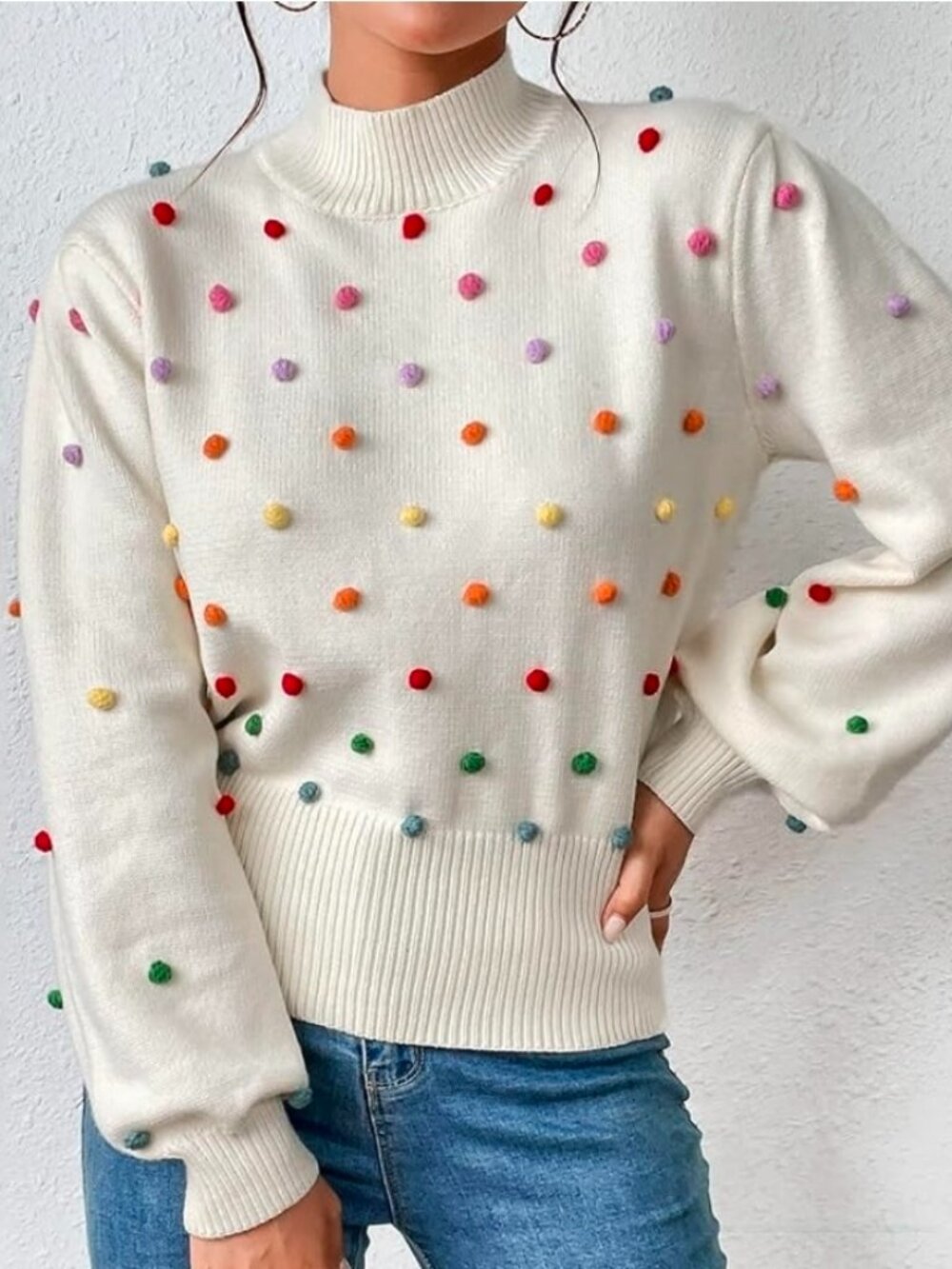 Rainbow Pom Pom Cream Sweater Women's Size Large